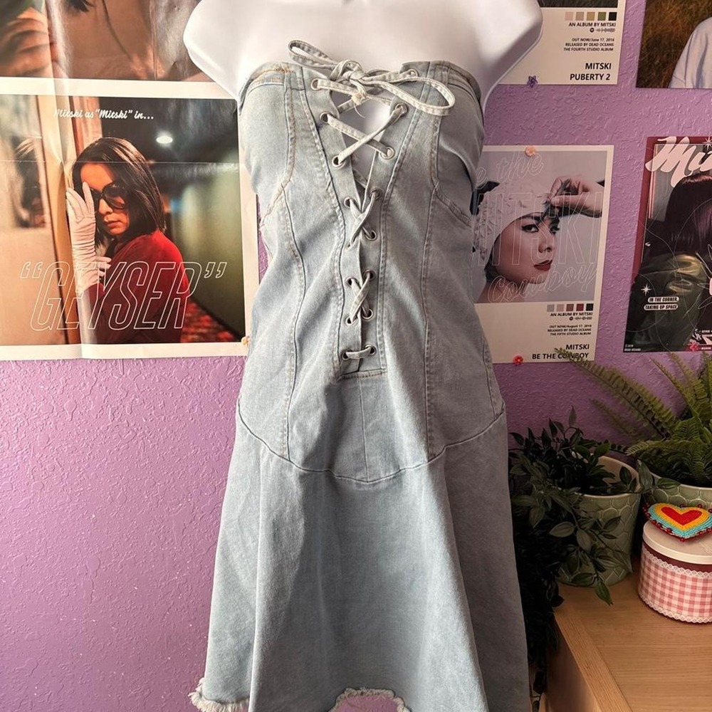 Plus Size 2X Lace Up Denim Corset Dress Strapless Frayed Hem
